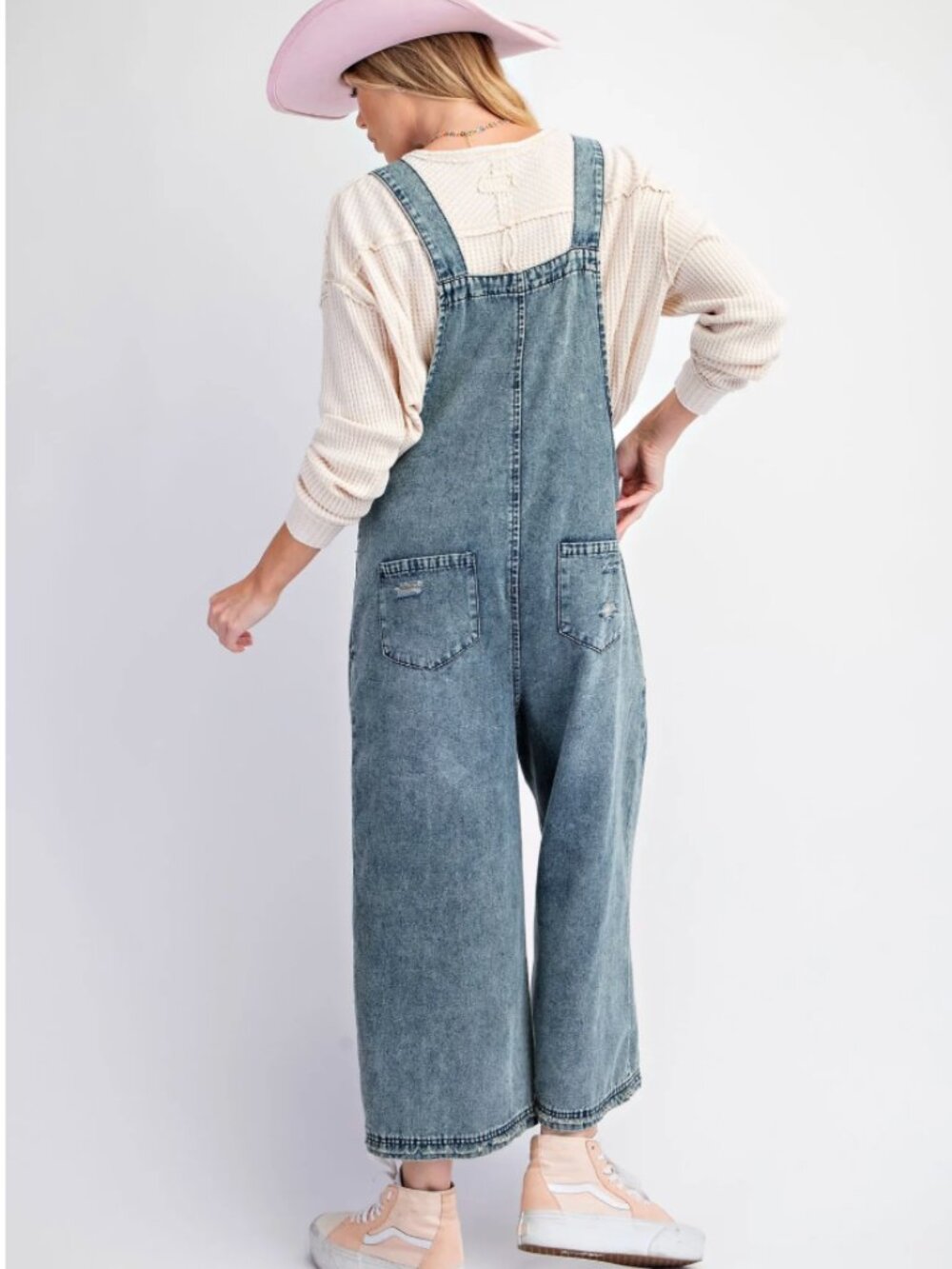 Easel Los Angeles Distressed Denim Wide Leg Overalls Size Small - Picture 2 of 9